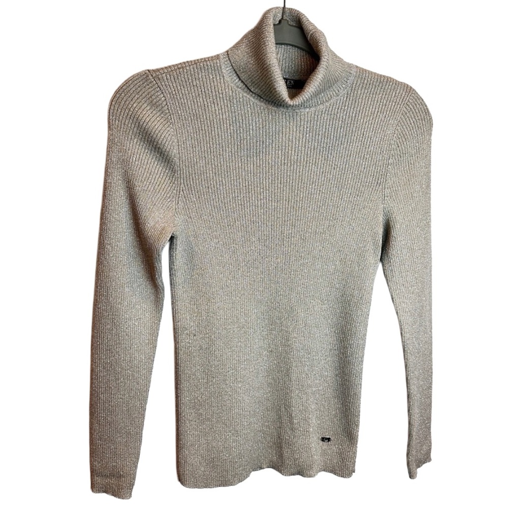 Ralph Lauren Silver Metallic Thread Ribbed Turtleneck Sweater‎ M